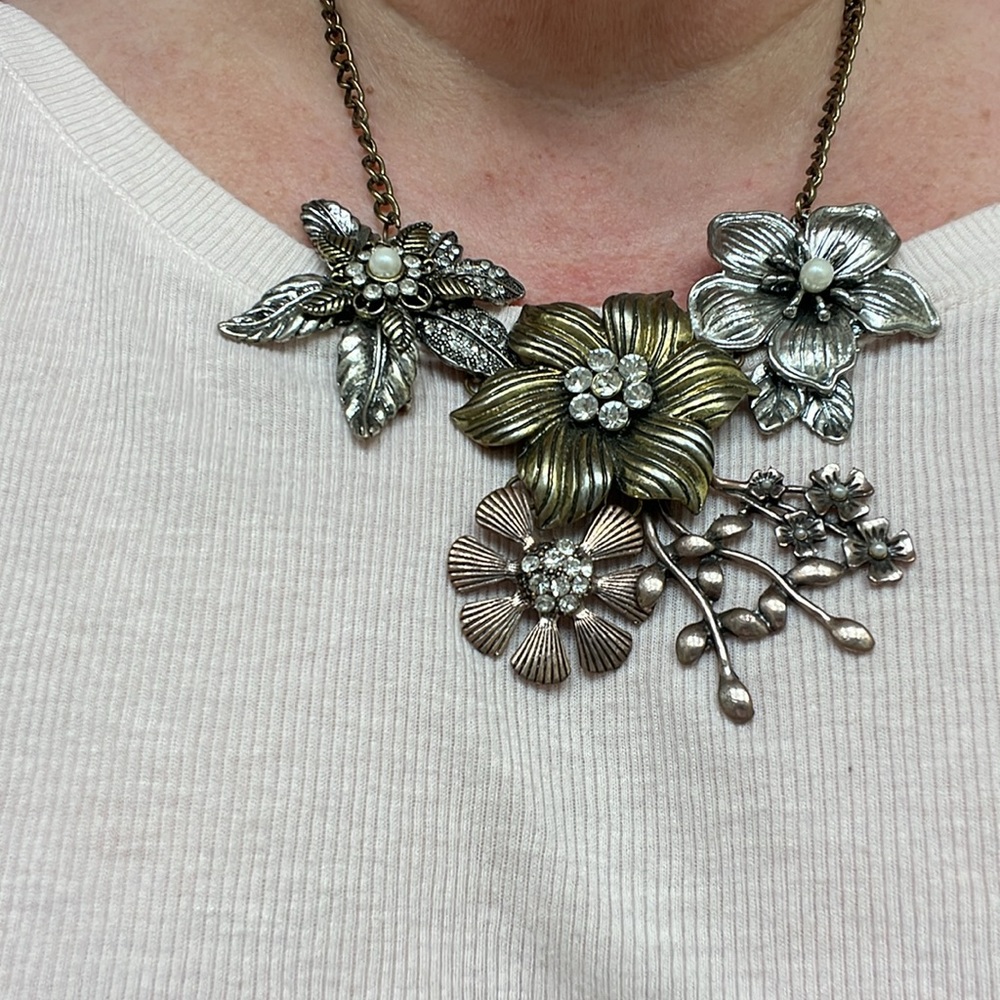 Necklace~crystals pearls rustic metal
